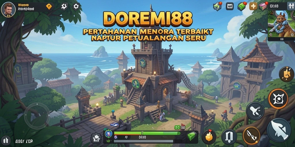 Tampilan gameplay <strong>DOREMI88</strong> saat melawan gelombang musuh di menara.