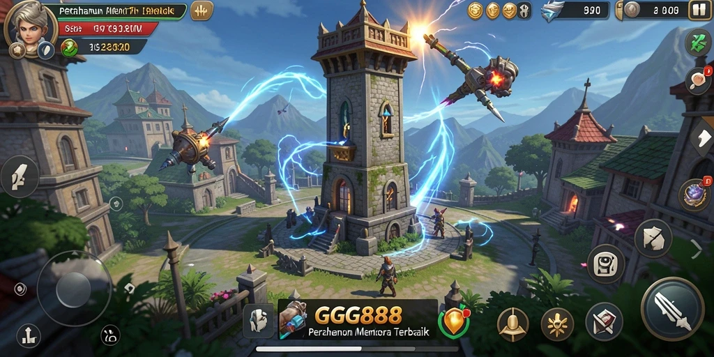 Screenshot GGG888 menampilkan pertahanan menara yang megah.