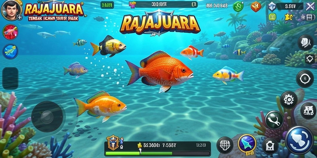 Tampilan gameplay RAJAJUARA dengan berbagai ikan berwarna-warni.