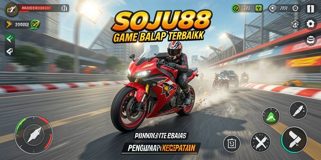 Screenshot gameplay SOJU88 menunjukkan balapan motor yang mendebarkan dan grafis yang menakjubkan.