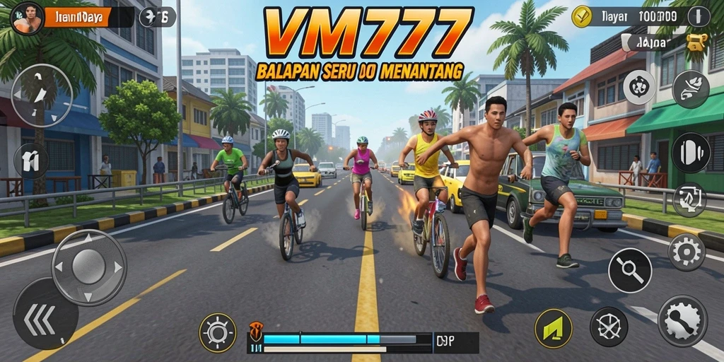 Screenshot gameplay VM777 menampilkan balapan seru di trek menantang.
