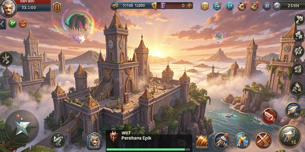 Tampilan gameplay W67 dengan menara yang siap bertempur.